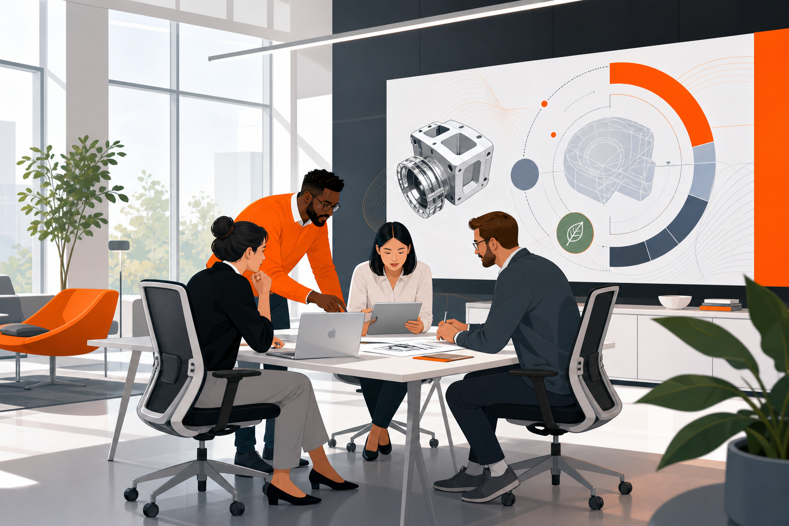 Modern Office Collaboration with Digital Displays and Greenery