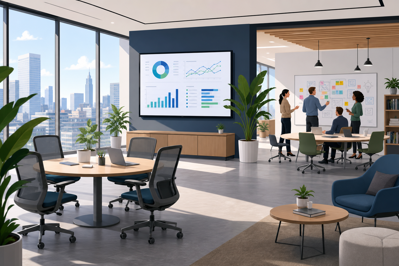 Modern Office Innovation Hub with City Skyline and Brainstorming Team